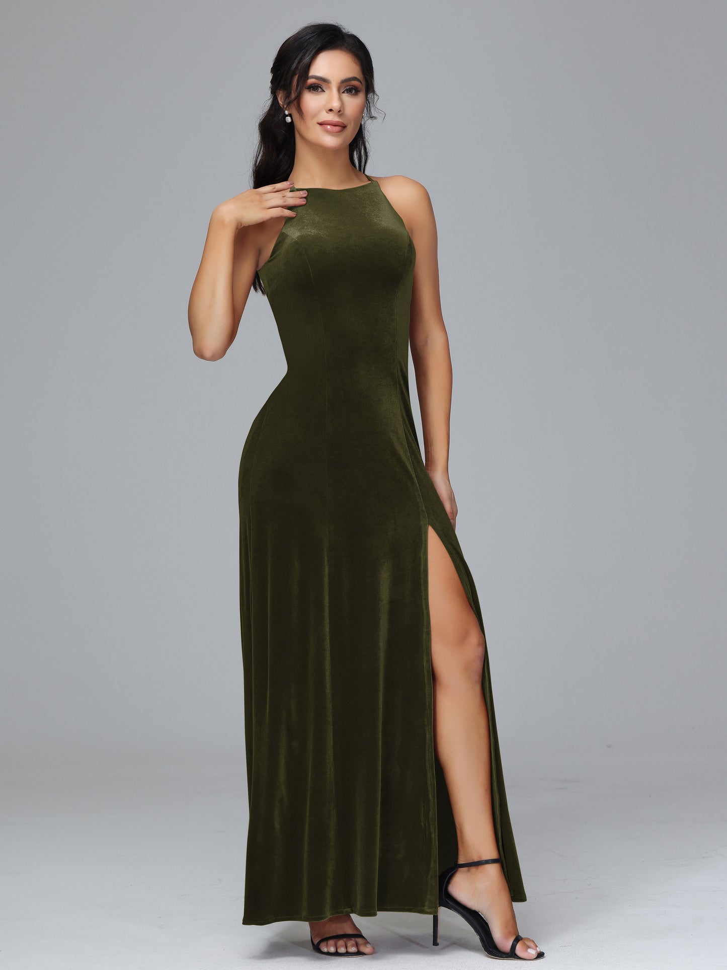 Halter Open Back Plus Size Velvet Bridesmaid Dress