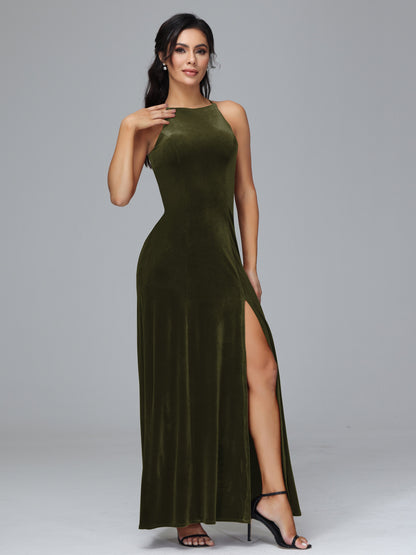 Halter Open Back Plus Size Velvet Bridesmaid Dress