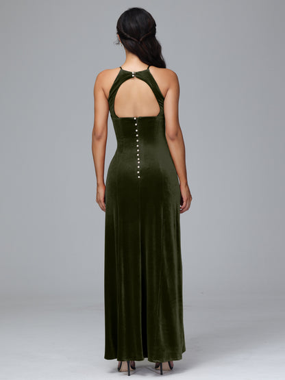 Halter Open Back Plus Size Velvet Bridesmaid Dress