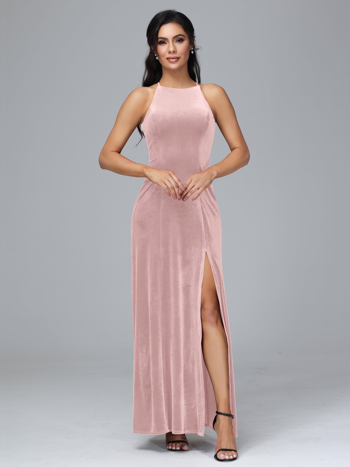 Halter Open Back Plus Size Velvet Bridesmaid Dress
