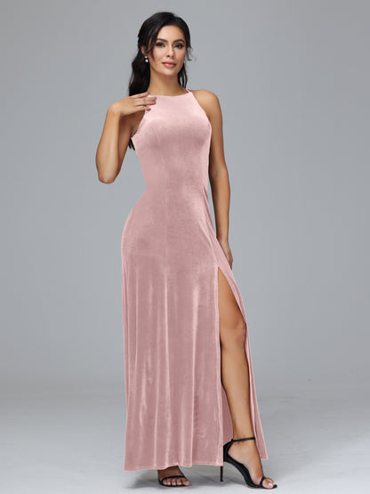 Halter Open Back Plus Size Velvet Bridesmaid Dress