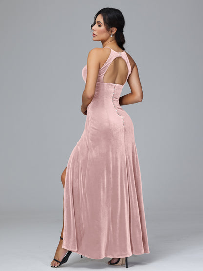 Halter Open Back Plus Size Velvet Bridesmaid Dress