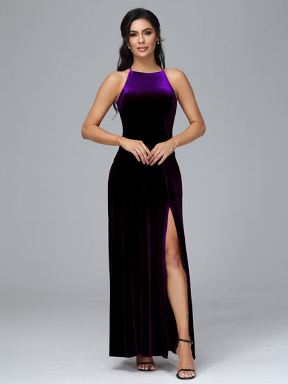 Halter Open Back Plus Size Velvet Bridesmaid Dress