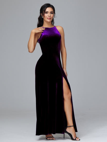 Halter Open Back Plus Size Velvet Bridesmaid Dress