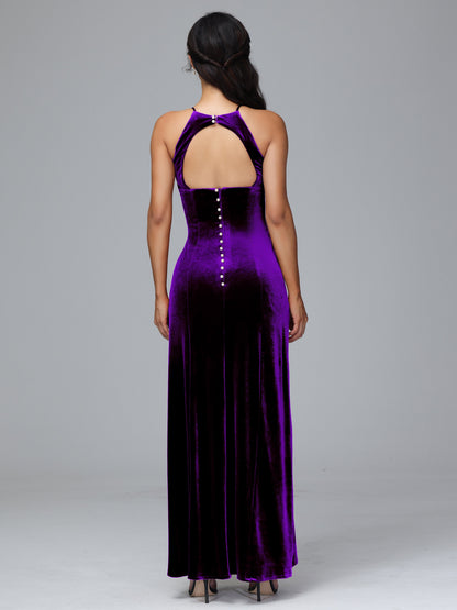 Halter Open Back Plus Size Velvet Bridesmaid Dress