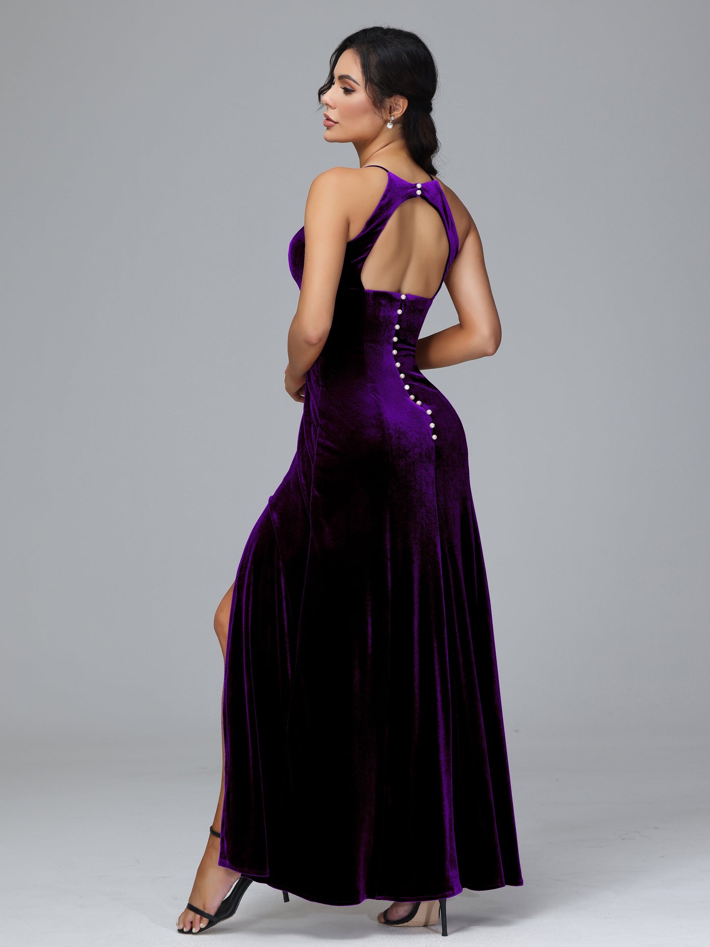 Halter Open Back Plus Size Velvet Bridesmaid Dress