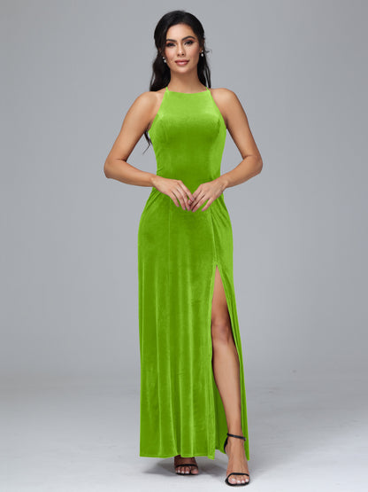 Halter Open Back Plus Size Velvet Bridesmaid Dress