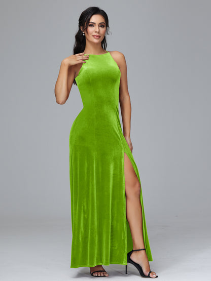 Halter Open Back Plus Size Velvet Bridesmaid Dress