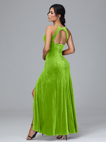 Halter Open Back Plus Size Velvet Bridesmaid Dress