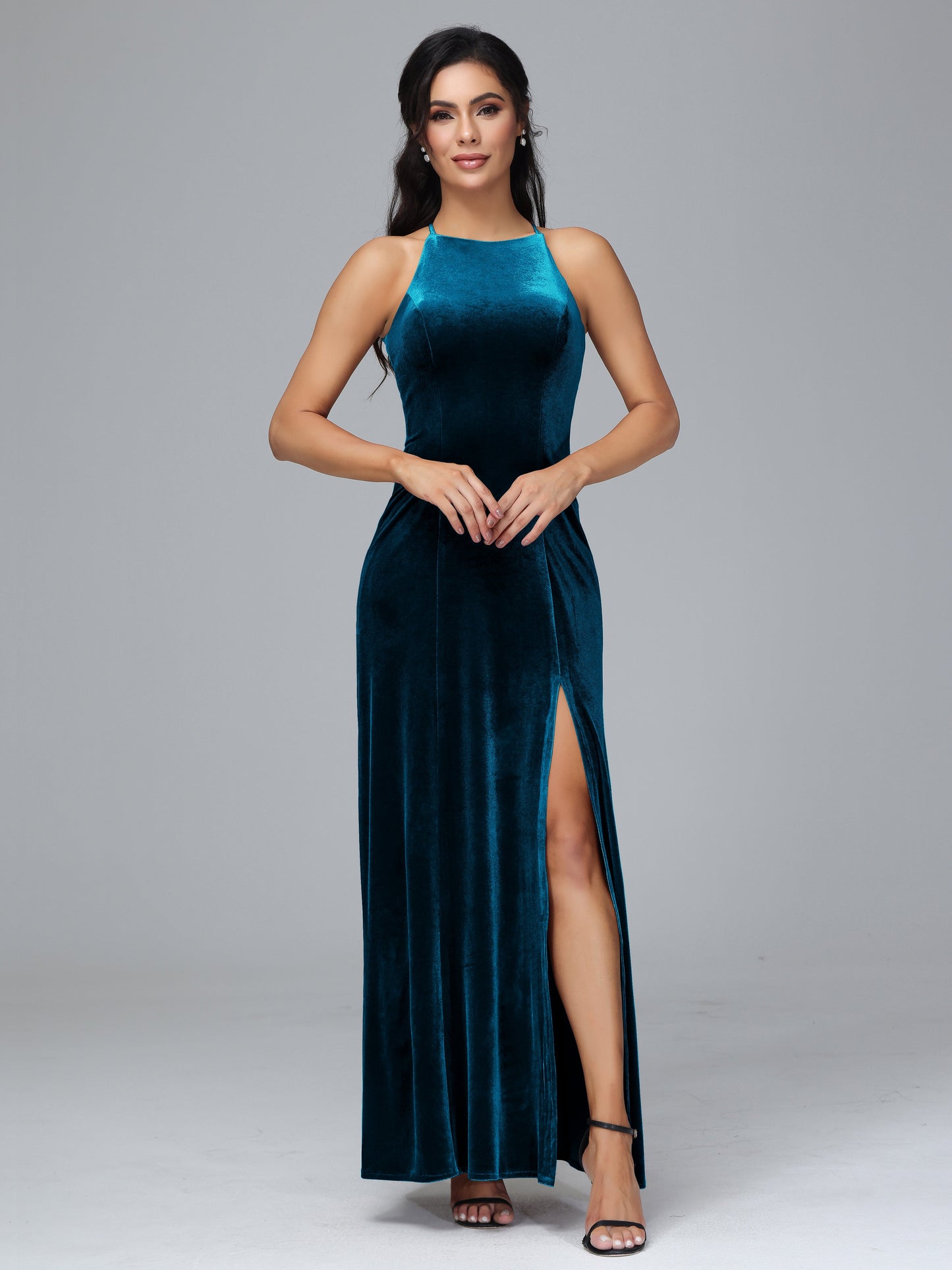 Halter Open Back Plus Size Velvet Bridesmaid Dress