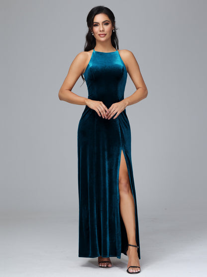Halter Open Back Plus Size Velvet Bridesmaid Dress