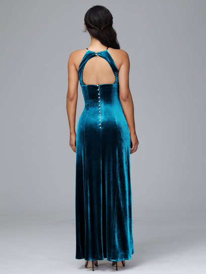 Halter Open Back Plus Size Velvet Bridesmaid Dress
