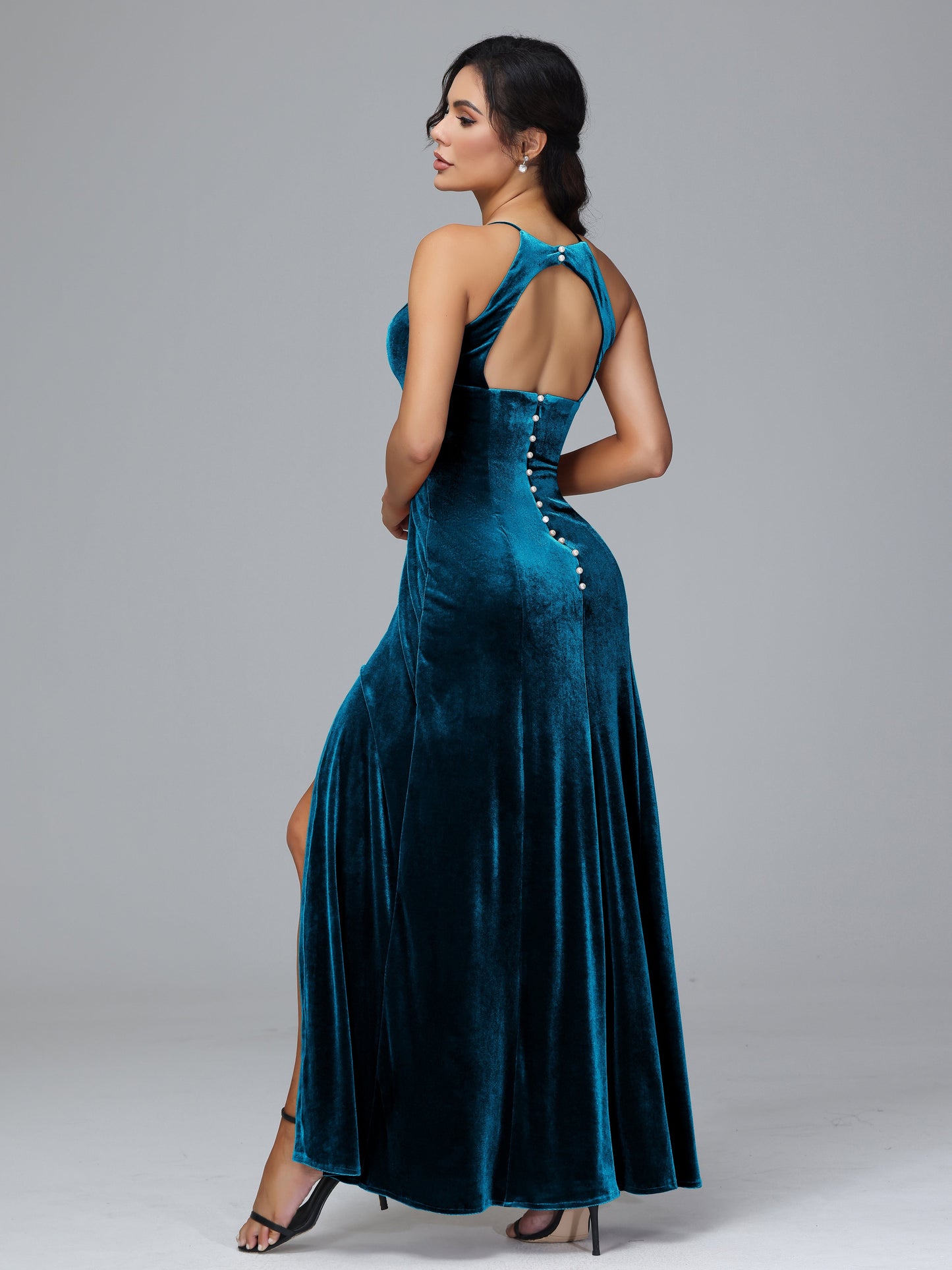 Halter Open Back Plus Size Velvet Bridesmaid Dress