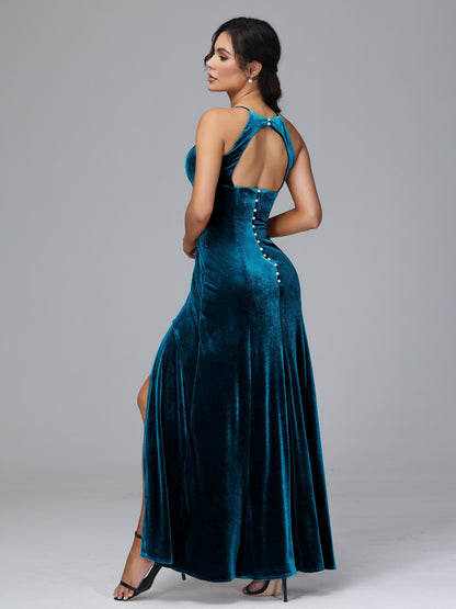 Halter Open Back Plus Size Velvet Bridesmaid Dress