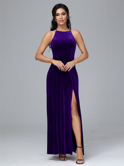 Halter Open Back Plus Size Velvet Bridesmaid Dress