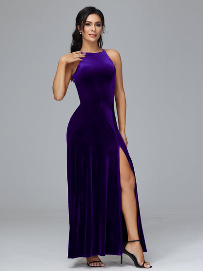 Halter Open Back Plus Size Velvet Bridesmaid Dress