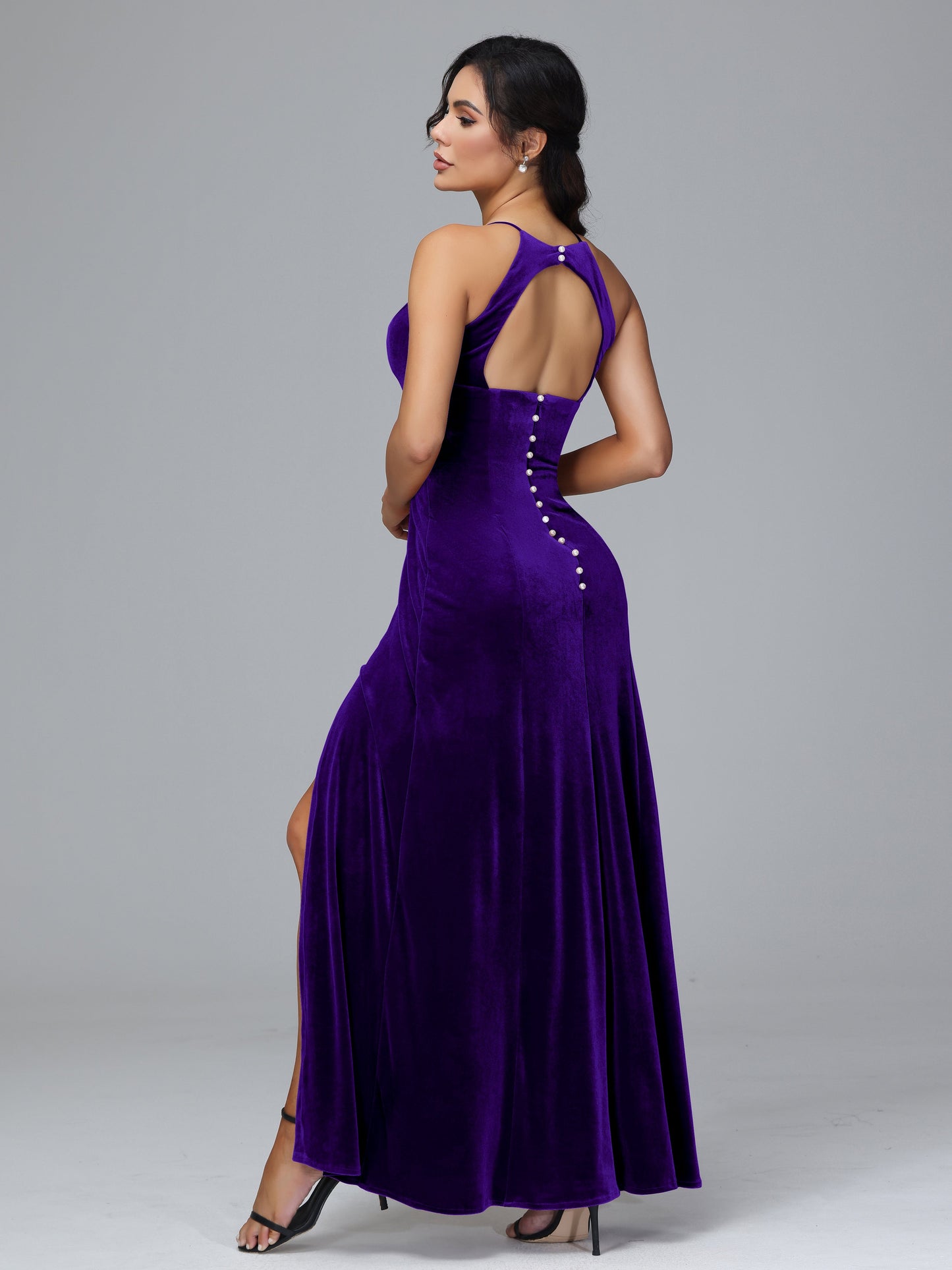 Halter Open Back Plus Size Velvet Bridesmaid Dress