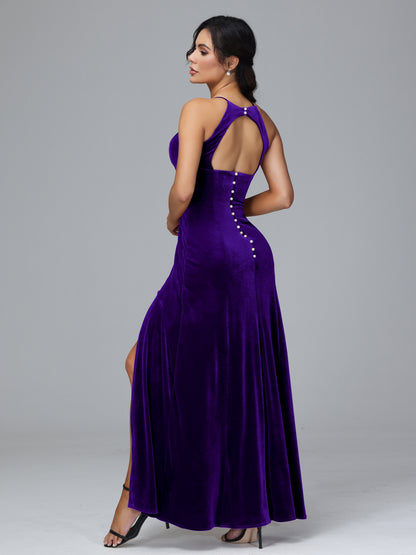 Halter Open Back Plus Size Velvet Bridesmaid Dress