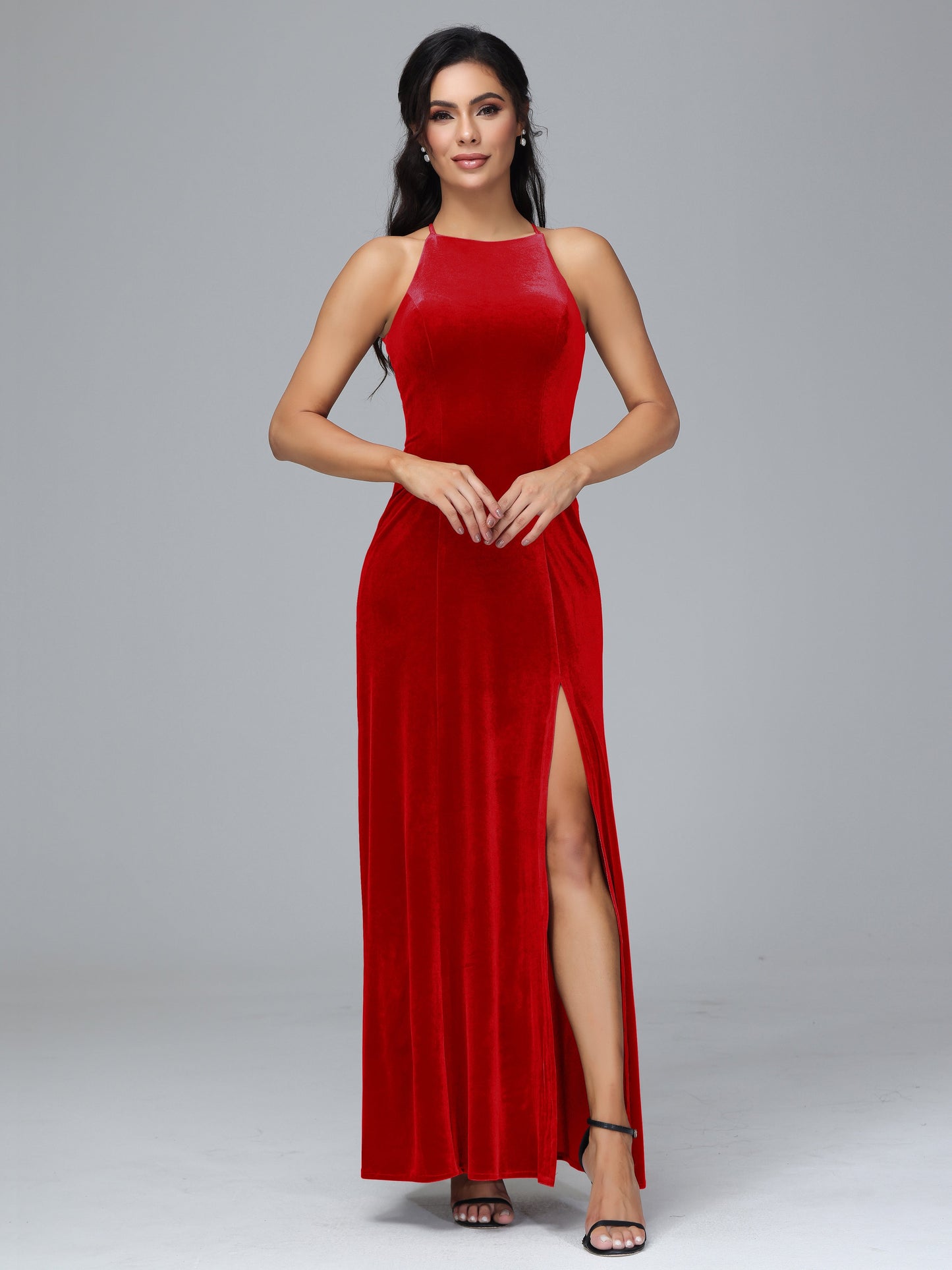 Halter Open Back Plus Size Velvet Bridesmaid Dress