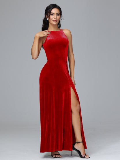 Halter Open Back Plus Size Velvet Bridesmaid Dress