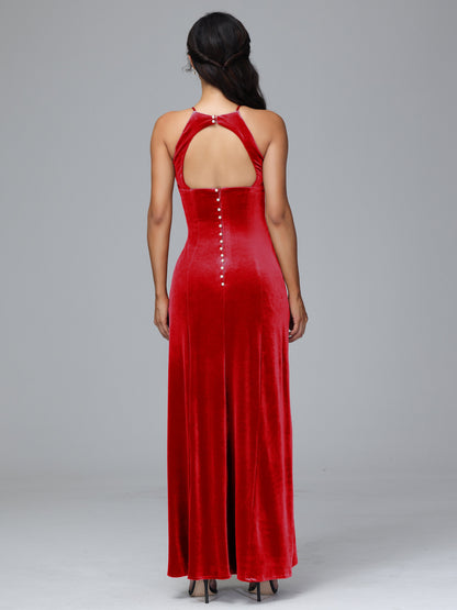 Halter Open Back Plus Size Velvet Bridesmaid Dress