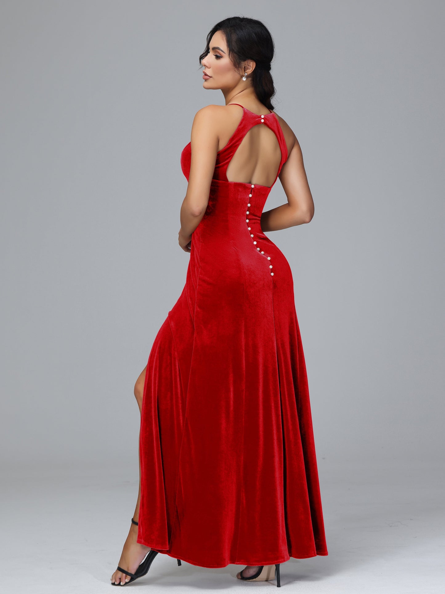 Halter Open Back Plus Size Velvet Bridesmaid Dress