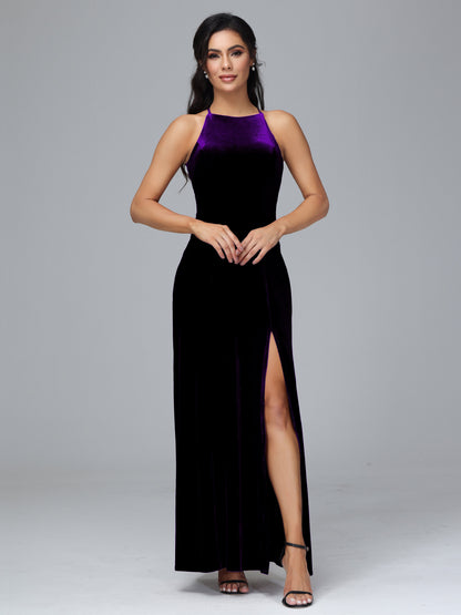 Halter Open Back Plus Size Velvet Bridesmaid Dress