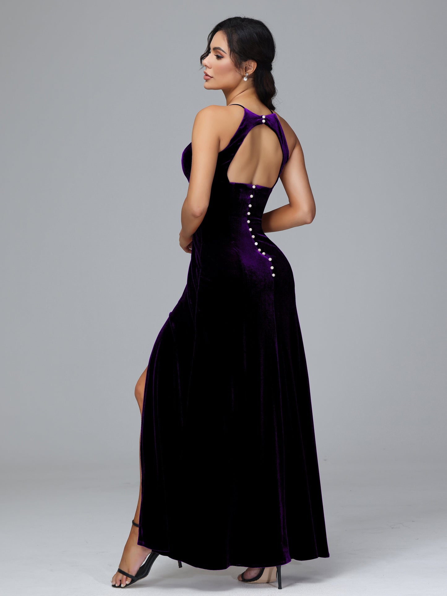 Halter Open Back Plus Size Velvet Bridesmaid Dress