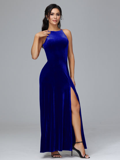 Halter Open Back Plus Size Velvet Bridesmaid Dress