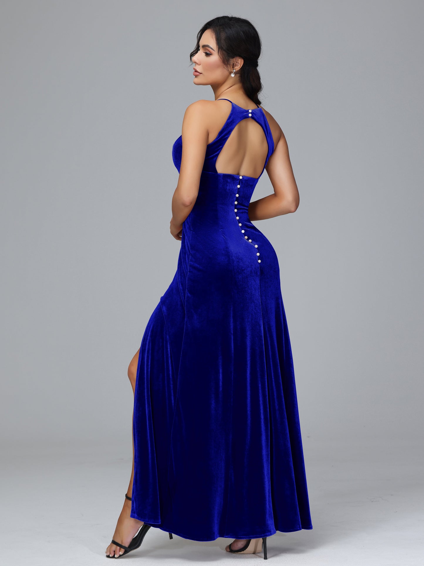 Halter Open Back Plus Size Velvet Bridesmaid Dress