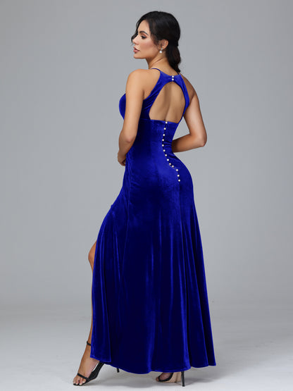 Halter Open Back Plus Size Velvet Bridesmaid Dress