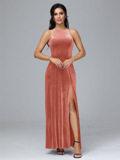 Halter Open Back Plus Size Velvet Bridesmaid Dress