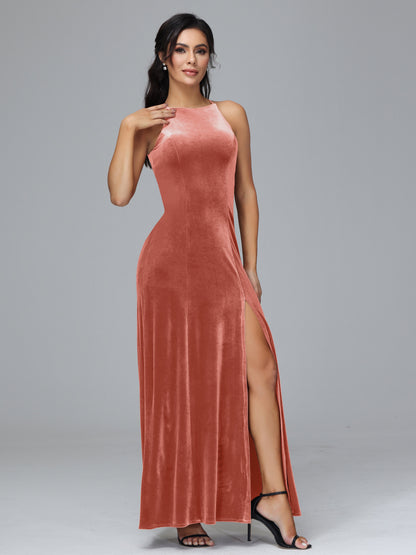 Halter Open Back Plus Size Velvet Bridesmaid Dress