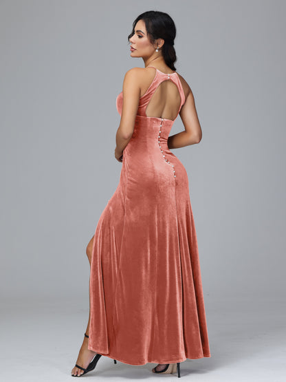 Halter Open Back Plus Size Velvet Bridesmaid Dress