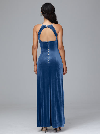 Halter Open Back Plus Size Velvet Bridesmaid Dress
