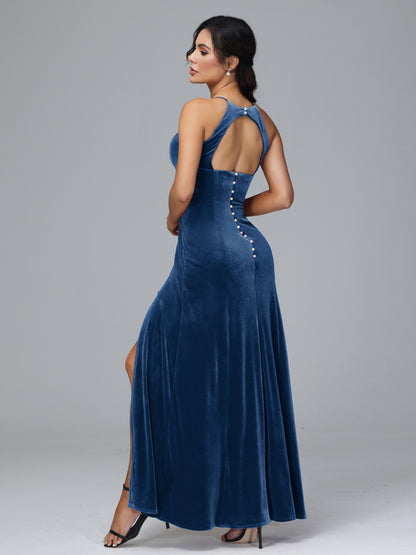 Halter Open Back Plus Size Velvet Bridesmaid Dress