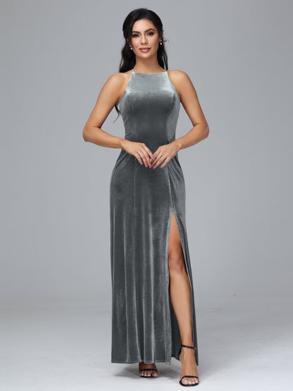 Halter Open Back Plus Size Velvet Bridesmaid Dress