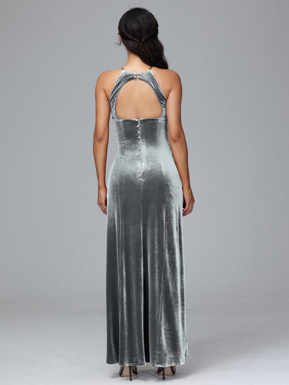 Halter Open Back Plus Size Velvet Bridesmaid Dress