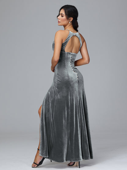 Halter Open Back Plus Size Velvet Bridesmaid Dress