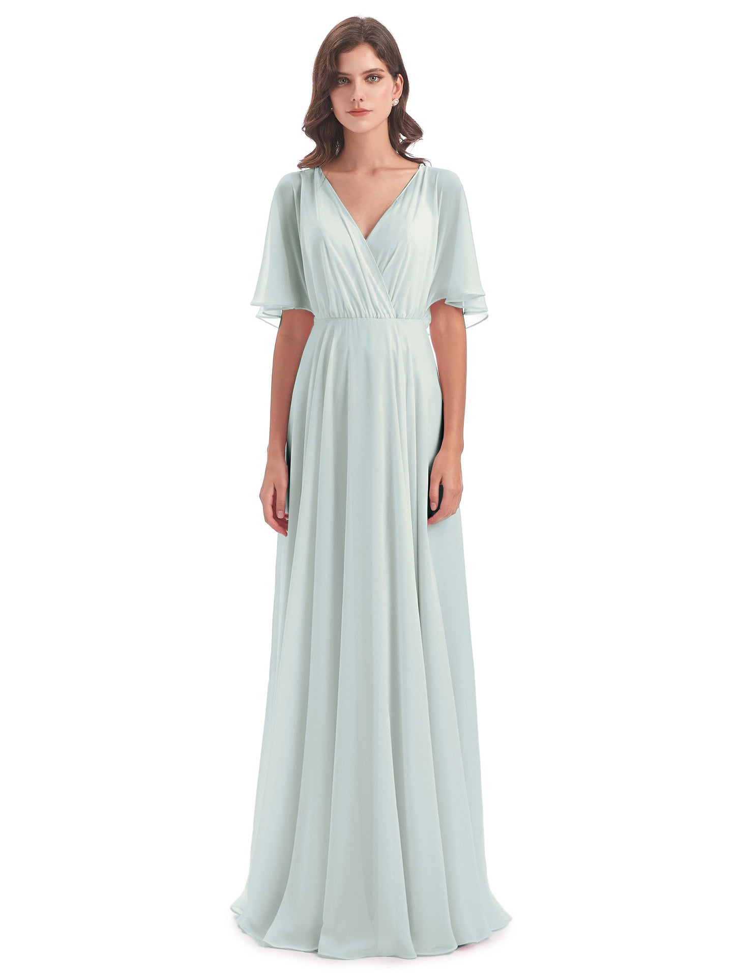 Hazel V-Neck Short Sleeves Chiffon Long Bridesmaid Dresses