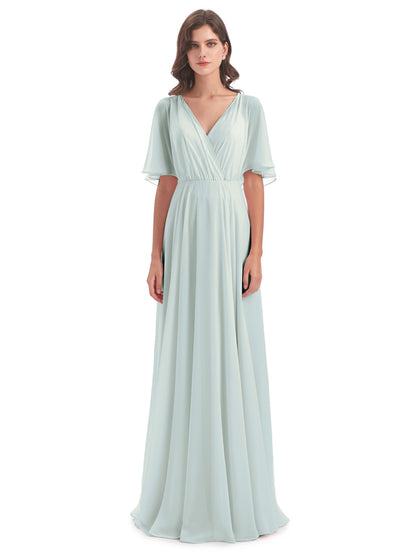 Hazel V-Neck Short Sleeves Chiffon Long Bridesmaid Dresses