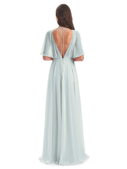 Hazel V-Neck Short Sleeves Chiffon Long Bridesmaid Dresses