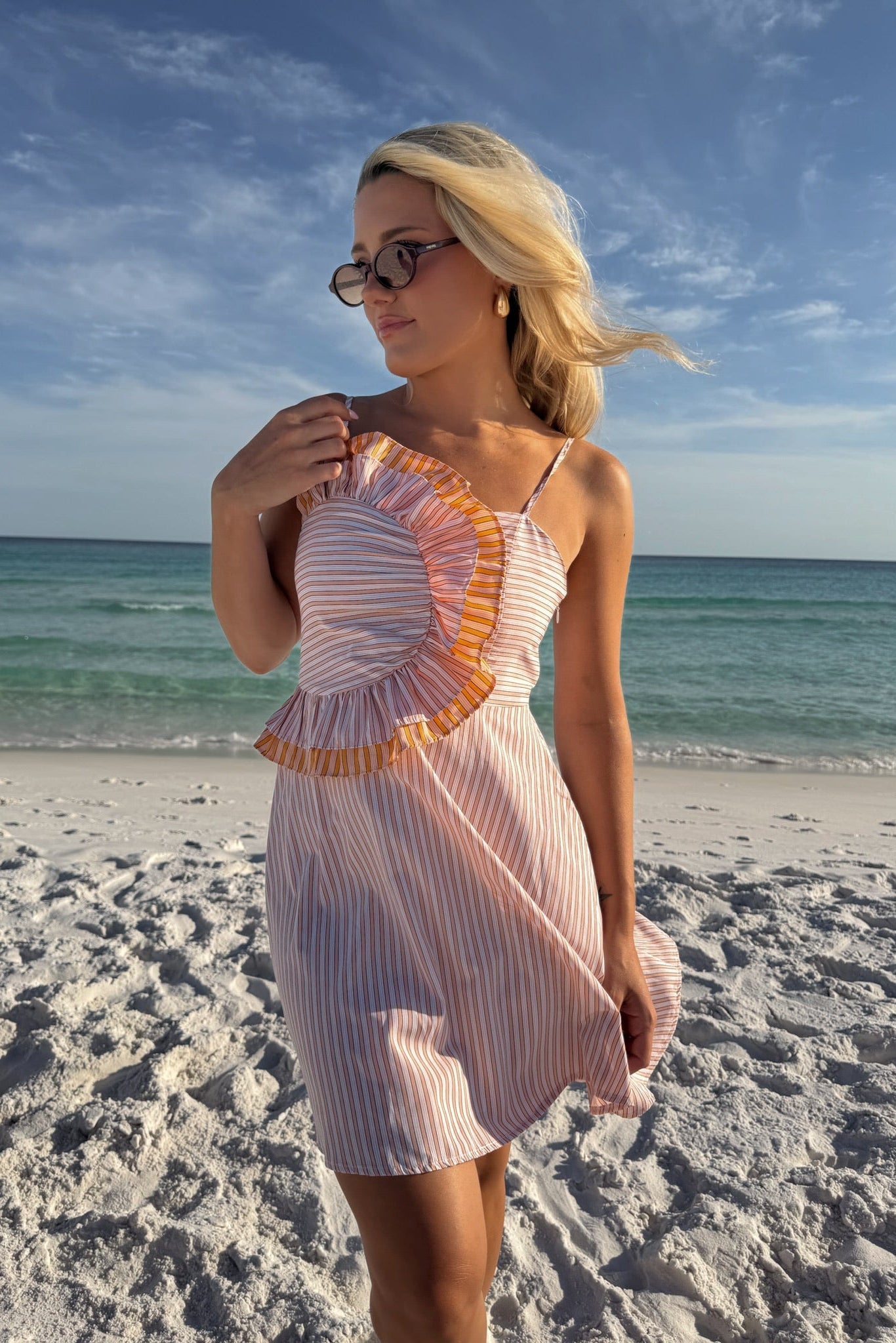 Skyler Peach Striped Ruffle Mini Dress