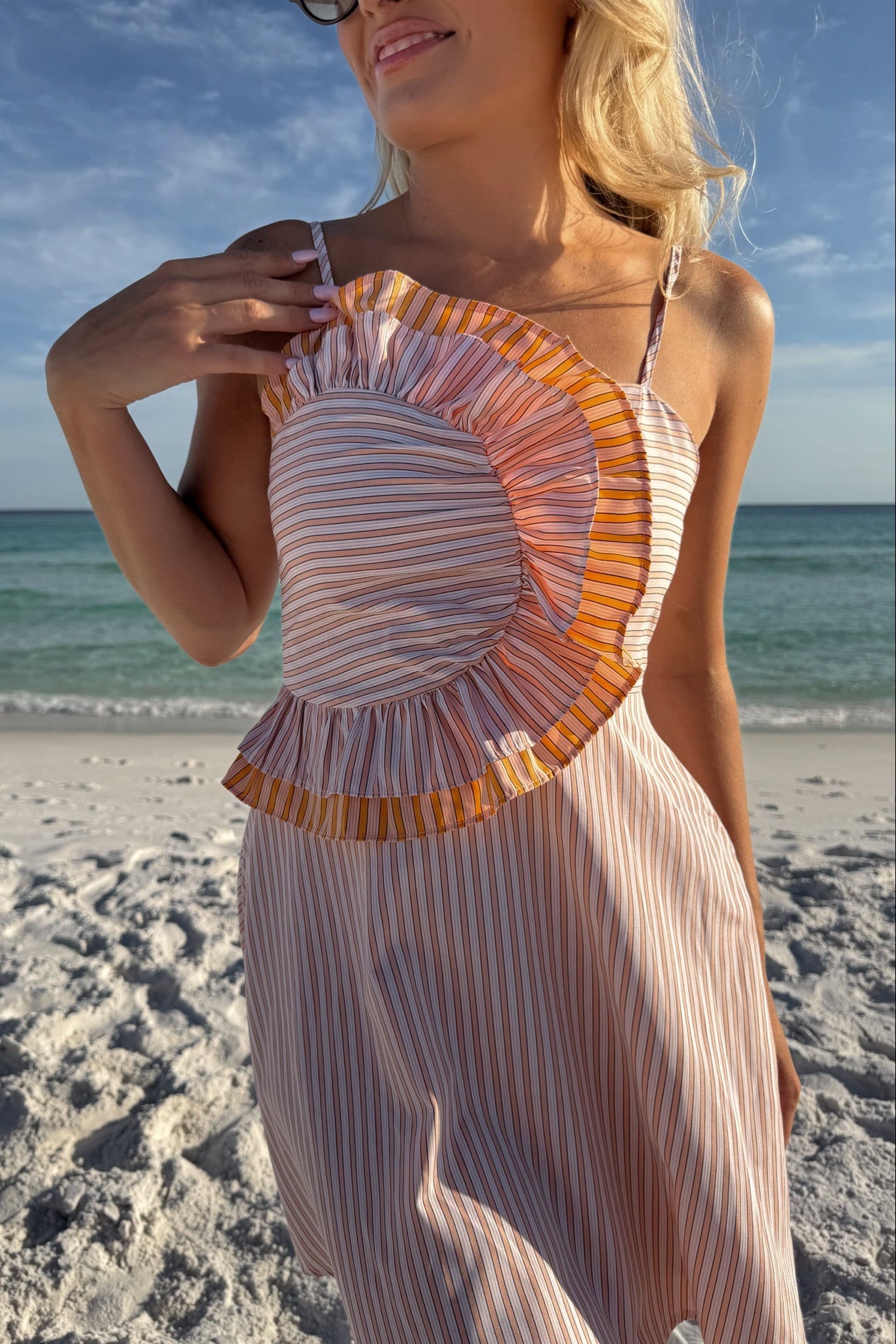 Skyler Peach Striped Ruffle Mini Dress