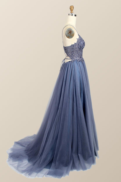 Straps Green Appliques Tulle Long Formal Dress