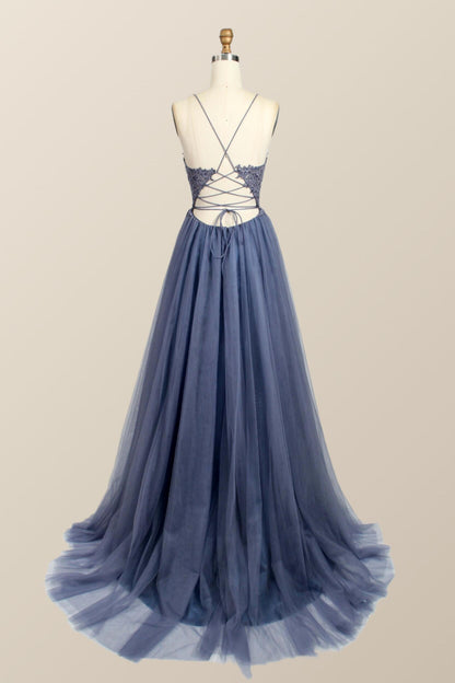 Straps Green Appliques Tulle Long Formal Dress