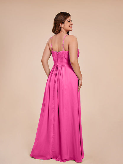 Isla Plus Size V-neck Ruched Chiffon Bridesmaid Dresses with Slit