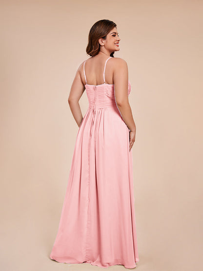 Isla Plus Size V-neck Ruched Chiffon Bridesmaid Dresses with Slit