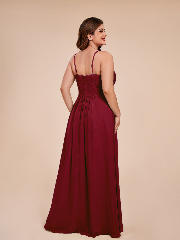 Isla Plus Size V-neck Ruched Chiffon Bridesmaid Dresses with Slit