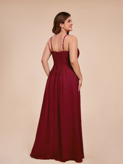 Isla Plus Size V-neck Ruched Chiffon Bridesmaid Dresses with Slit